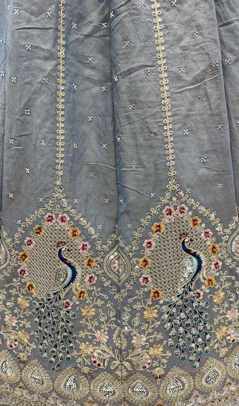 Stone Grey Pure Soft Gadhwal Silk Heavy Embroidery Work Bridal Lehenga