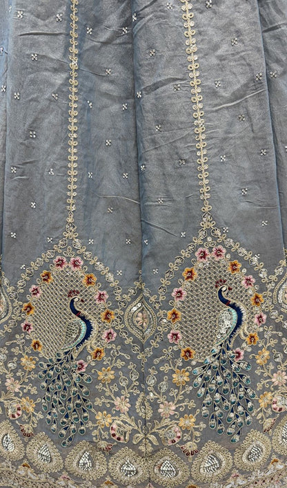 Stone Grey Pure Soft Gadhwal Silk Heavy Embroidery Work Bridal Lehenga