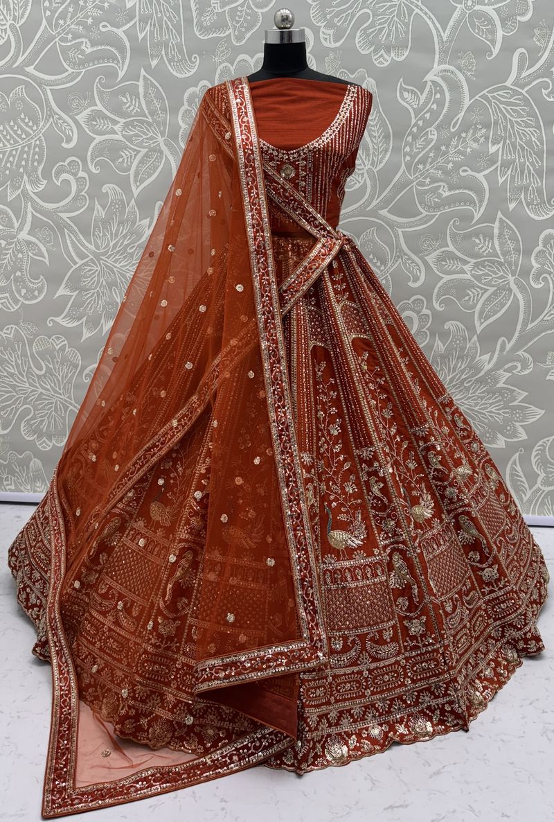 Orange Pure Soft Silk Heavy Embroidery Work Bridal Lehenga 
