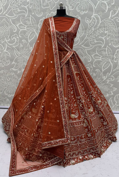 Orange Pure Soft Silk Heavy Embroidery Work Bridal Lehenga 