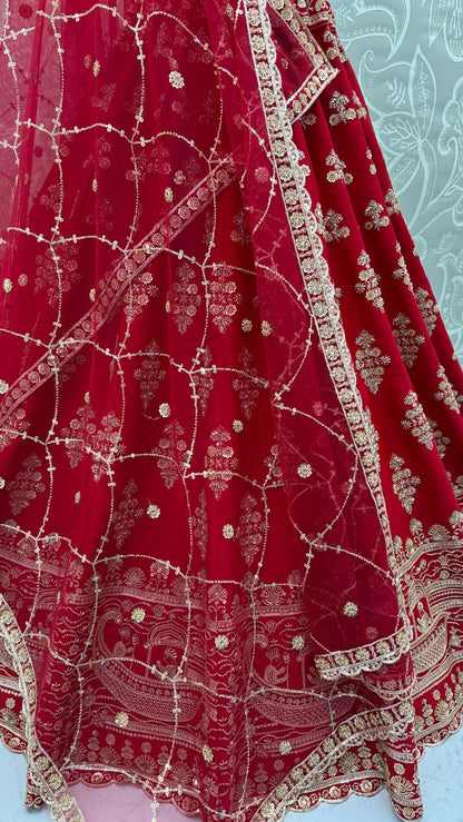 Red Pure Soft Heavy Silk Sequins Embroidery Work Bridal Lehenga 