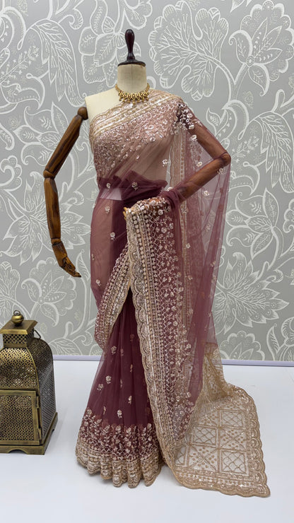 Wine Pure Premium Net Handwork Kasti &amp; Motif Zari Metallic Sequins Work Wedding Saree