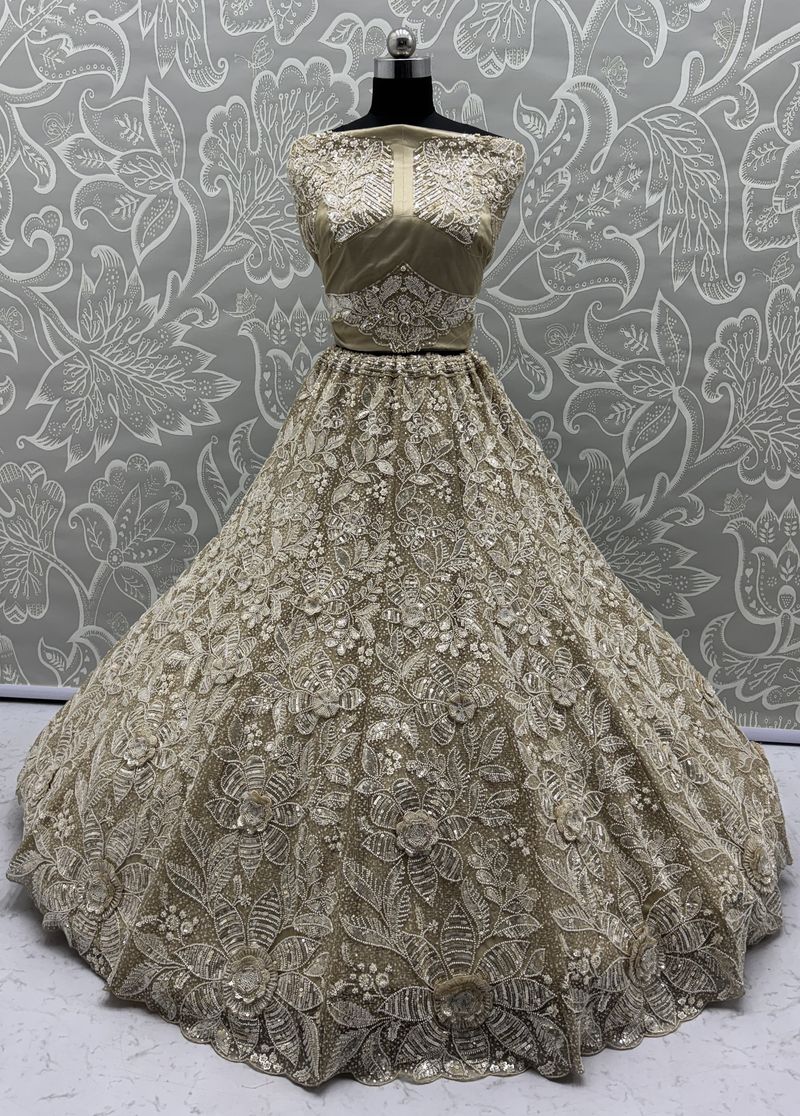 Off White Pure Soft Net Heavy Embroidery Work Bridal Lehenga