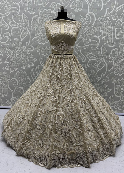 Off White Pure Soft Net Heavy Embroidery Work Bridal Lehenga
