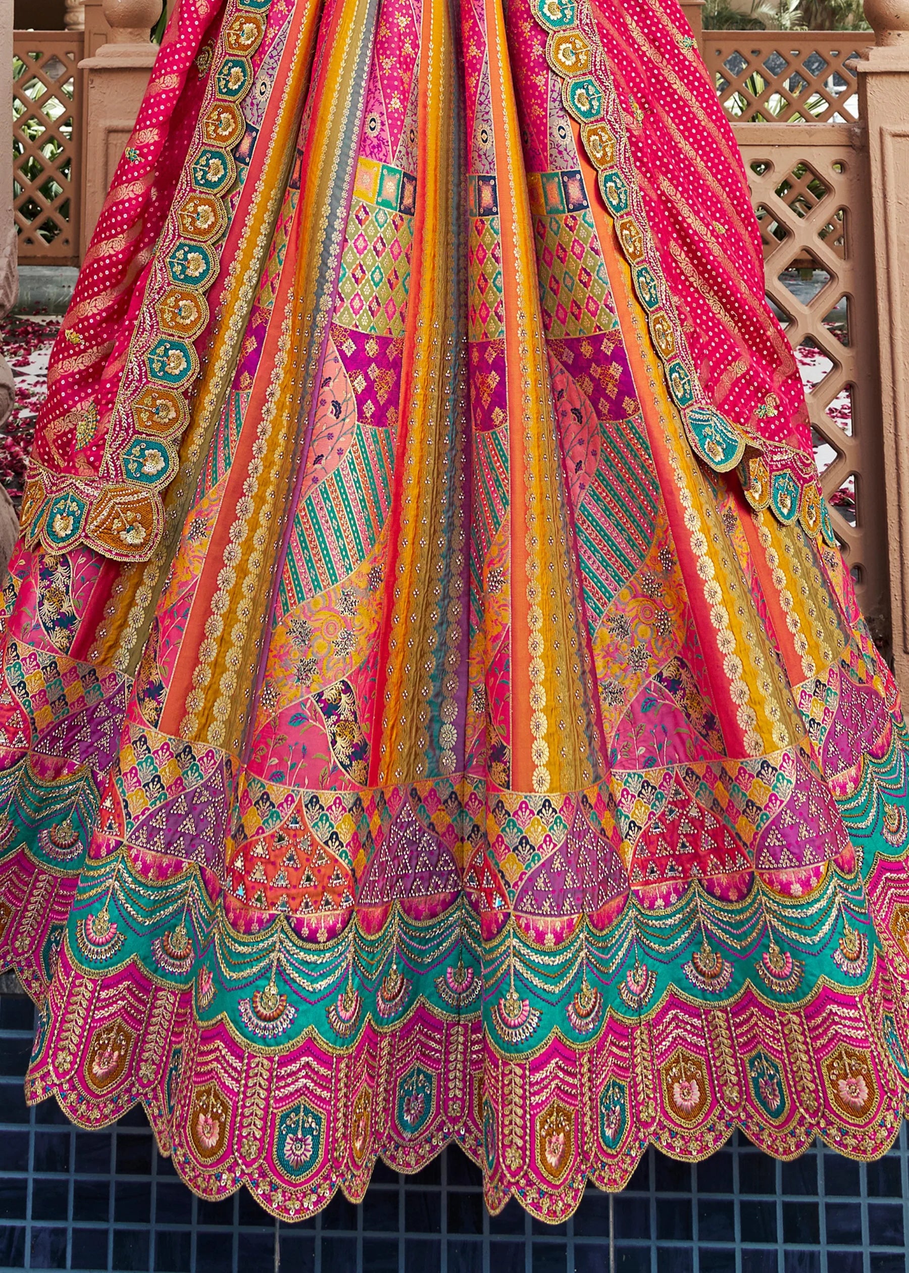 Rani Pink Multicolor Banarasi Silk Lehenga Choli with Zarkan Work