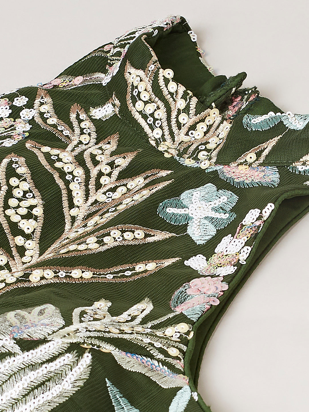 Olive Floral Net Sequin Work Lehenga &amp; Unstitched Blouse with Dupatta