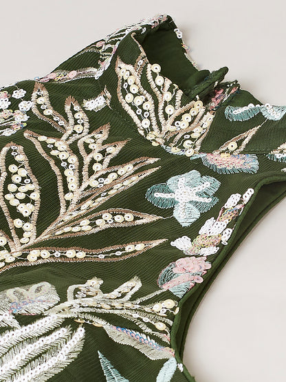 Olive Floral Net Sequin Work Lehenga &amp; Unstitched Blouse with Dupatta