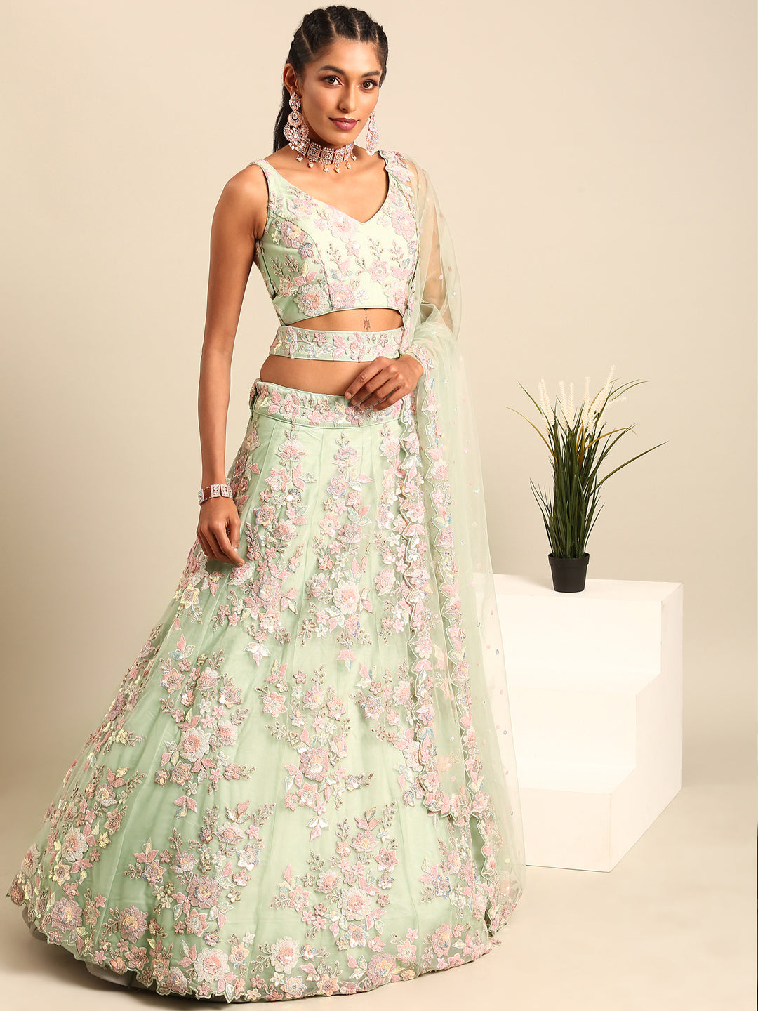 Lime Green Net Floral Sequins with Heavy Zarkan Embroidery Lehenga Choli &amp; Dupatta
