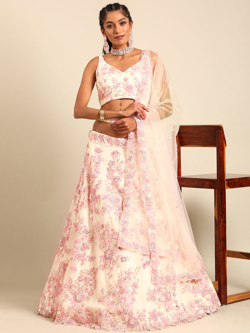 Cream Net Floral Sequins with Heavy Zarkan Embroidery Lehenga Choli & Dupatta