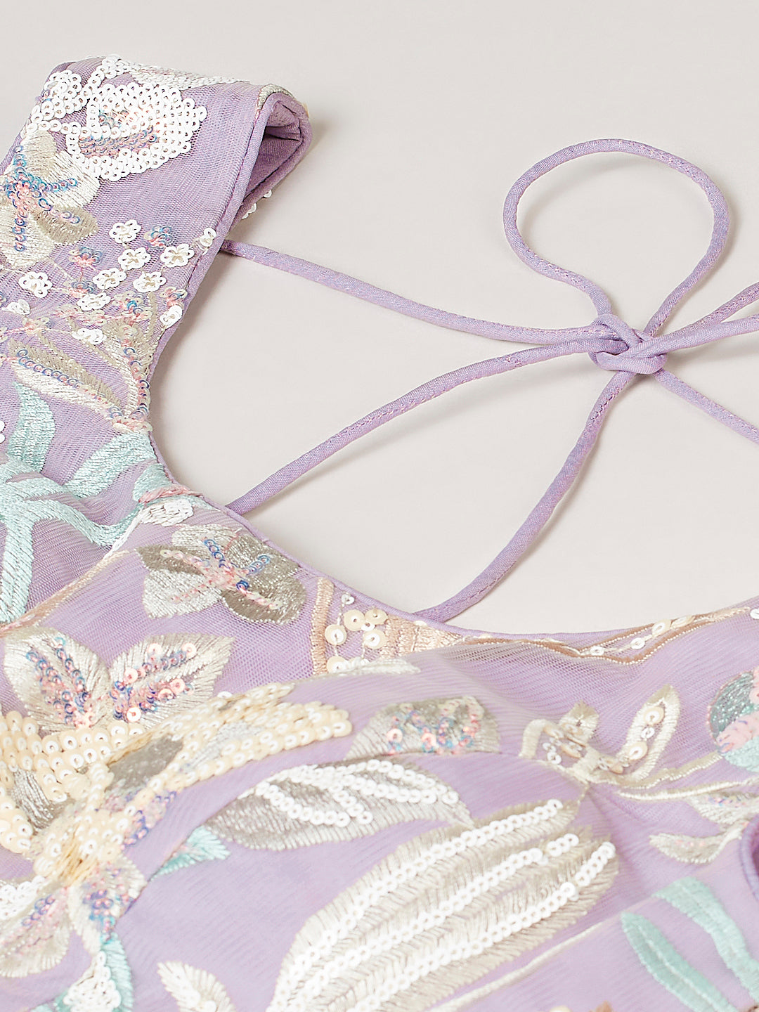 Unstitched blouse in mauve net with embroidery

