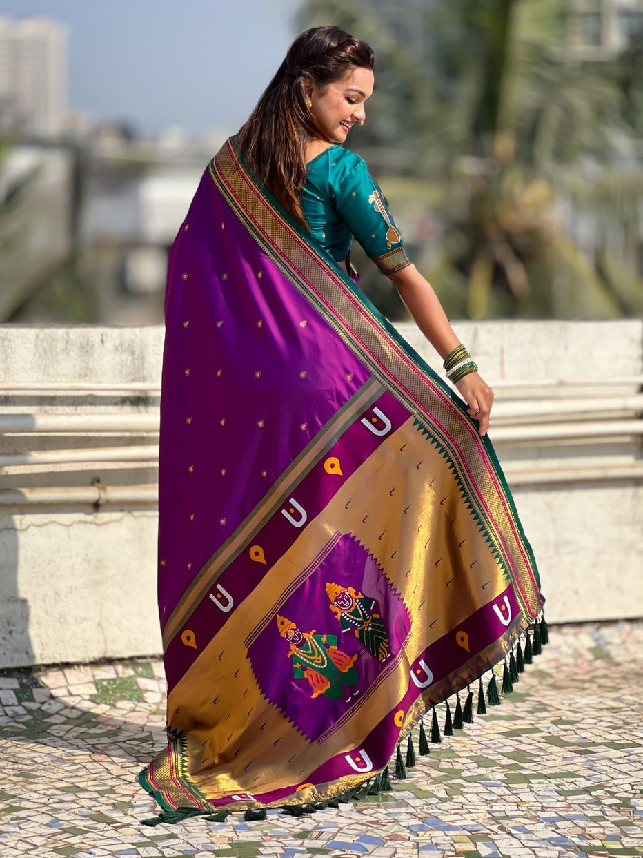 Purple Pure Rakhumai Silk Vitthala Paithani Soft Silk Saree 