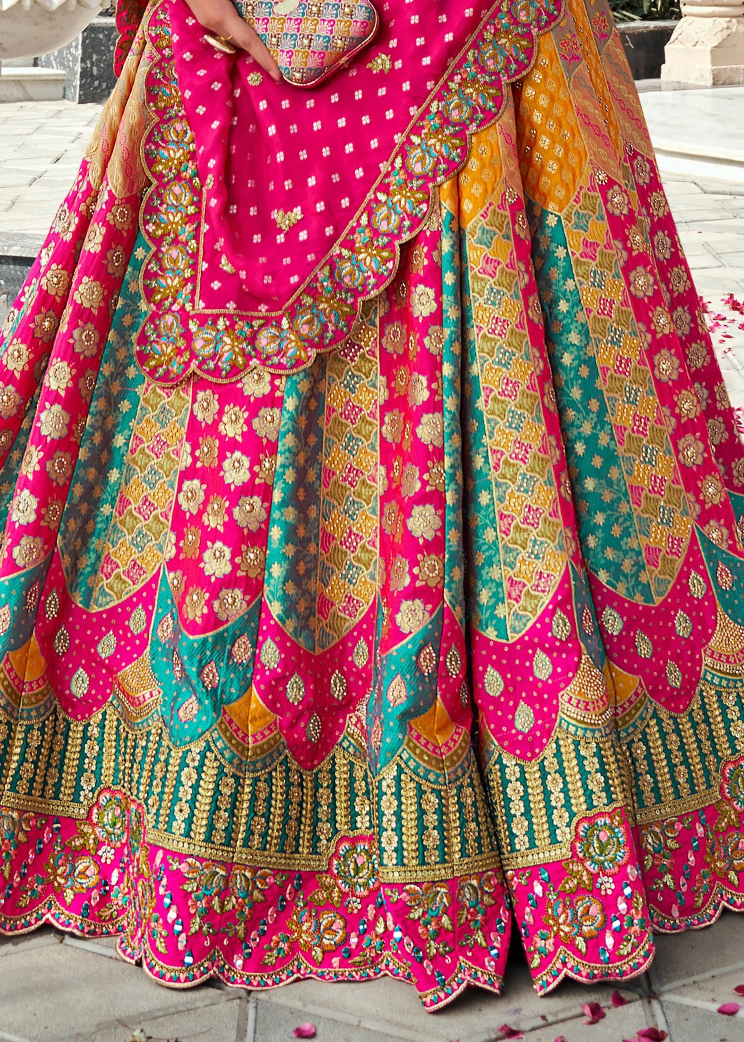 Rani Pink &amp; Yellow Banarasi Silk Lehenga Choli with Zarkan Work