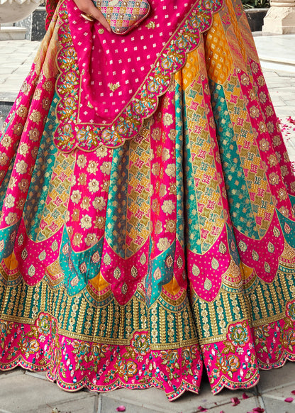 Rani Pink &amp; Yellow Banarasi Silk Lehenga Choli with Zarkan Work