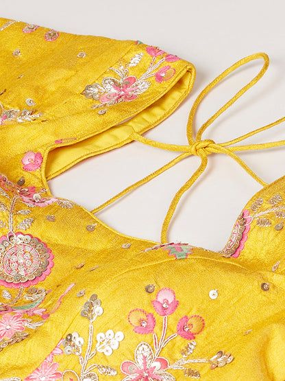 Rose Georgette Sequin Work Lehenga with Mustard Silk Blouse and Pink Net Dupatta