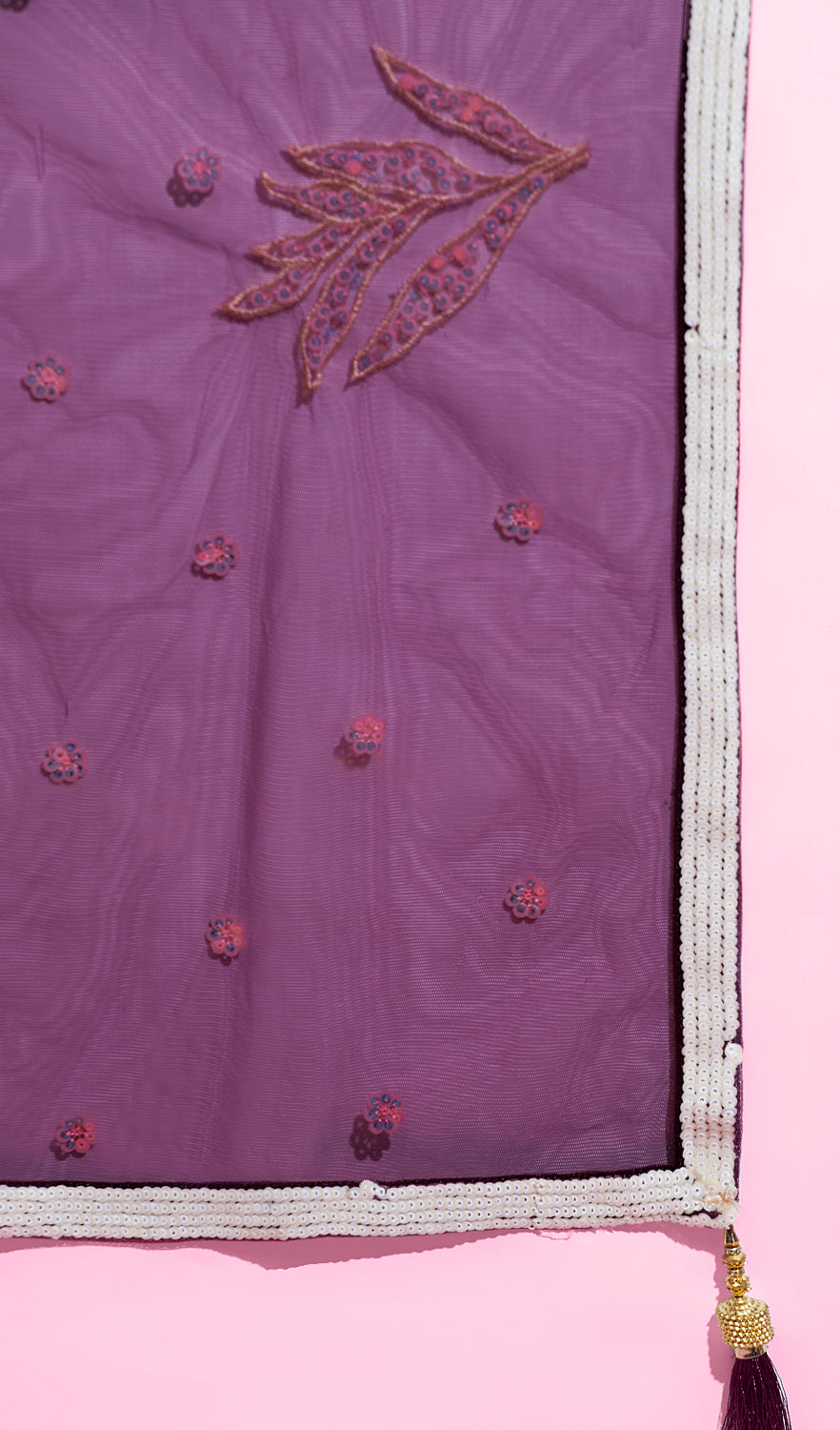 Burgundy Net Sequence Work Floral Lehenga &amp; Blouse with Dupatta