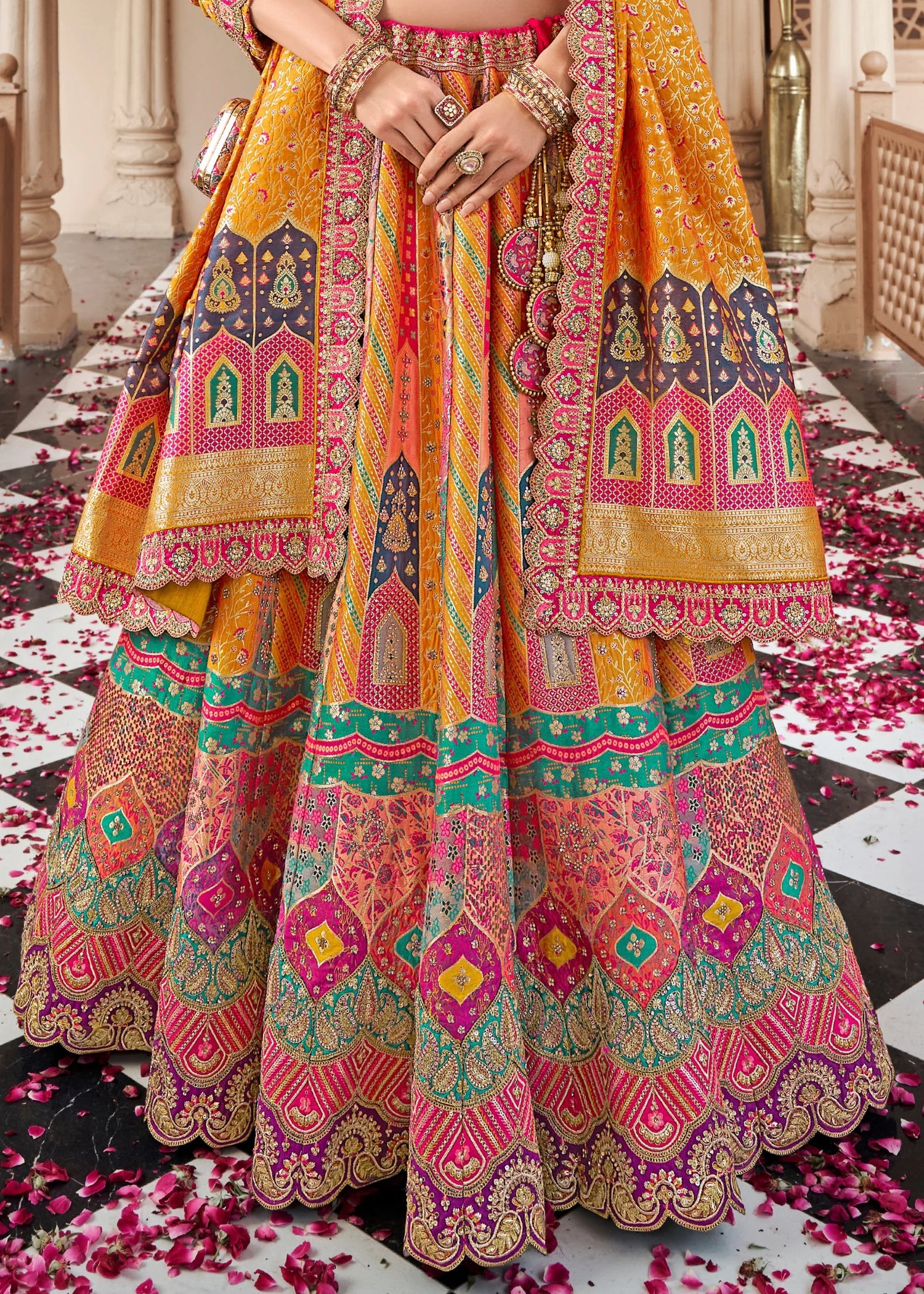 Orange Pink Banarasi Silk Lehenga Choli with Zarkan Work