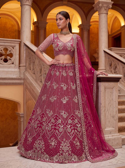 Rani Pure Heavy Net Motif Handwork Zari Sequins Work Bridal Lehenga Choli