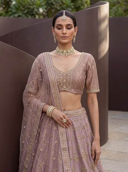 Powder Pink Pure Soft Heavy Silk Sequins Embroidery Work Bridal Lehenga 