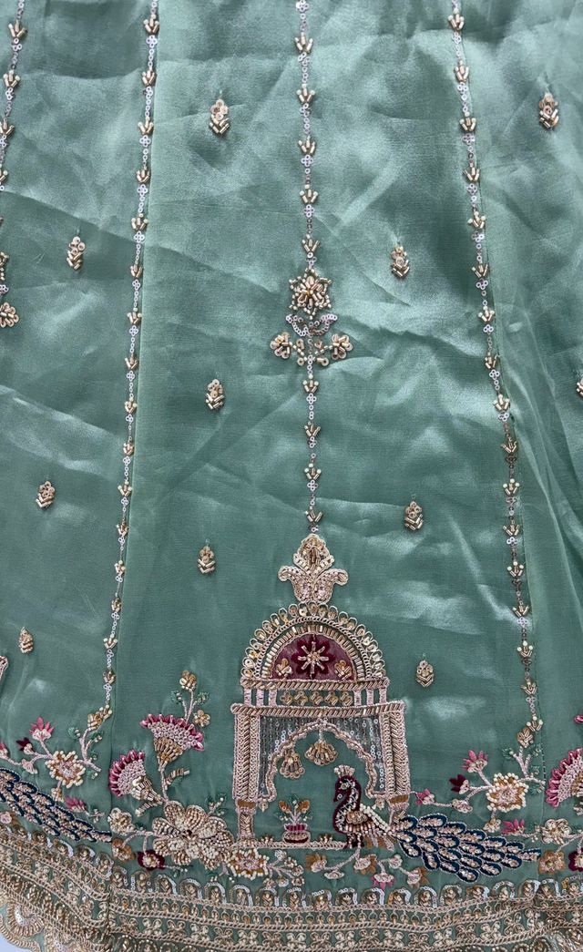 Pista Pure Chandnia Silk Handwork Motif Peacock Pattern Crystal Beads Multi Thread Dori &amp; Sequins Work Bridal Lehenga Choli