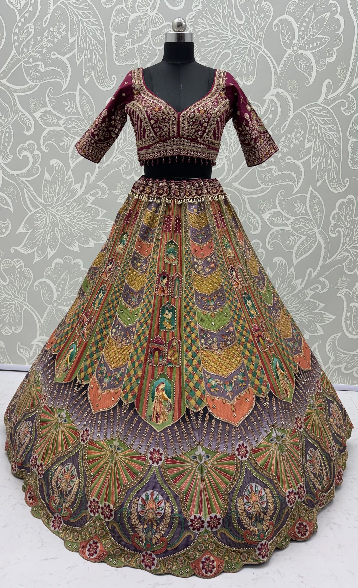 Multi Colour Pure Slub Silk Premium Dori Embroidery Sequins &amp; Diamond Work Bridal Lehenga Choli