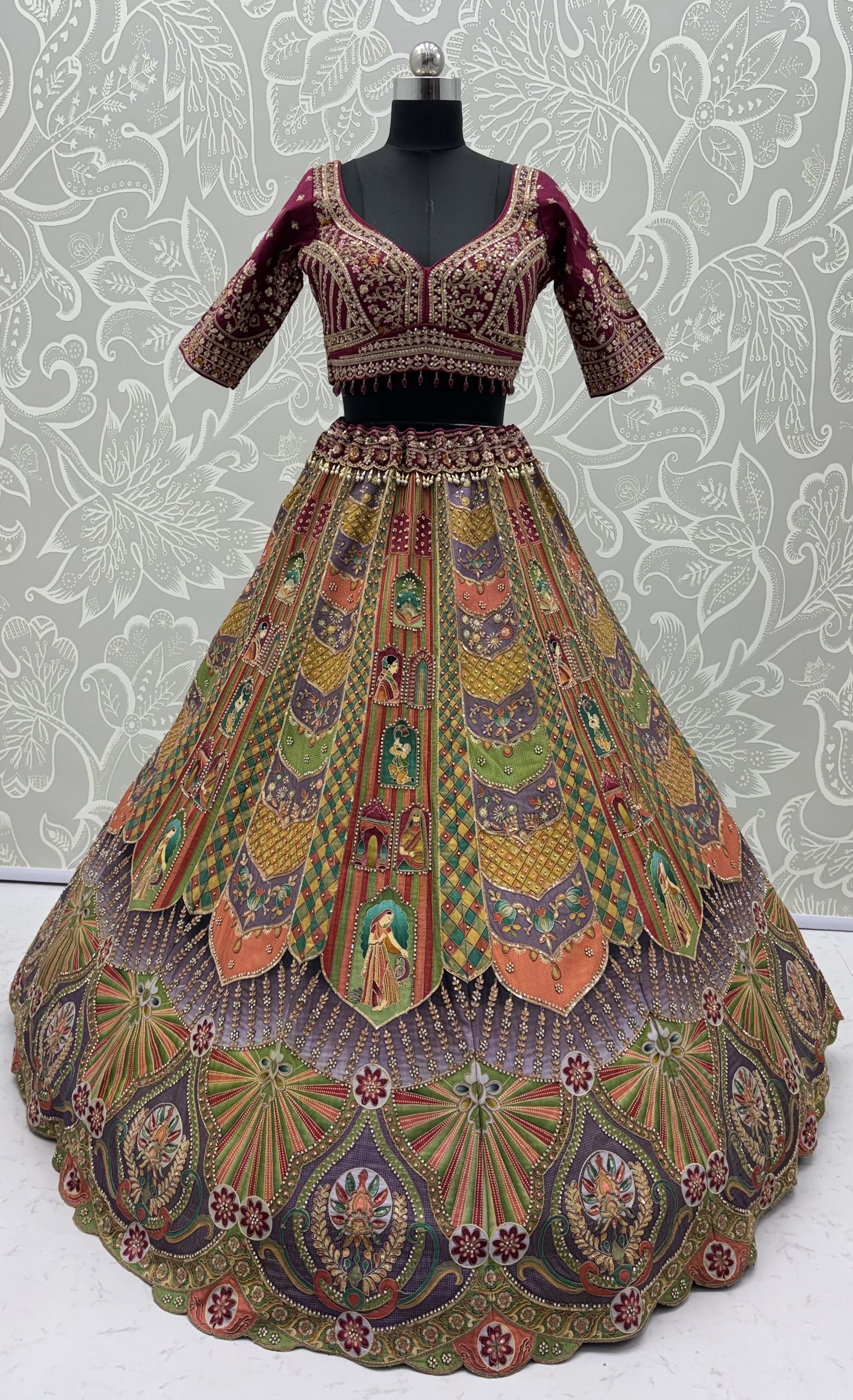 Multi Colour Pure Slub Silk Premium Dori Embroidery Sequins &amp; Diamond Work Bridal Lehenga Choli
