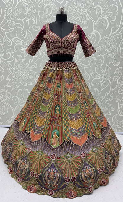 Multi Colour Pure Slub Silk Premium Dori Embroidery Sequins &amp; Diamond Work Bridal Lehenga Choli
