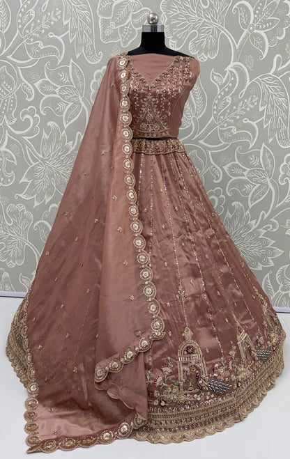 Pink Pure Chandnia Silk Handwork Motif Peacock Pattern Crystal Beads Multi Thread Dori &amp; Sequins Work Bridal Lehenga Choli