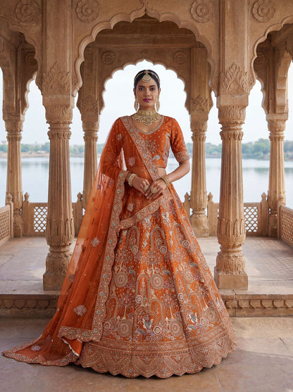 Orange Pure Soft Silk Heavy Embroidery Work Bridal Lehenga 