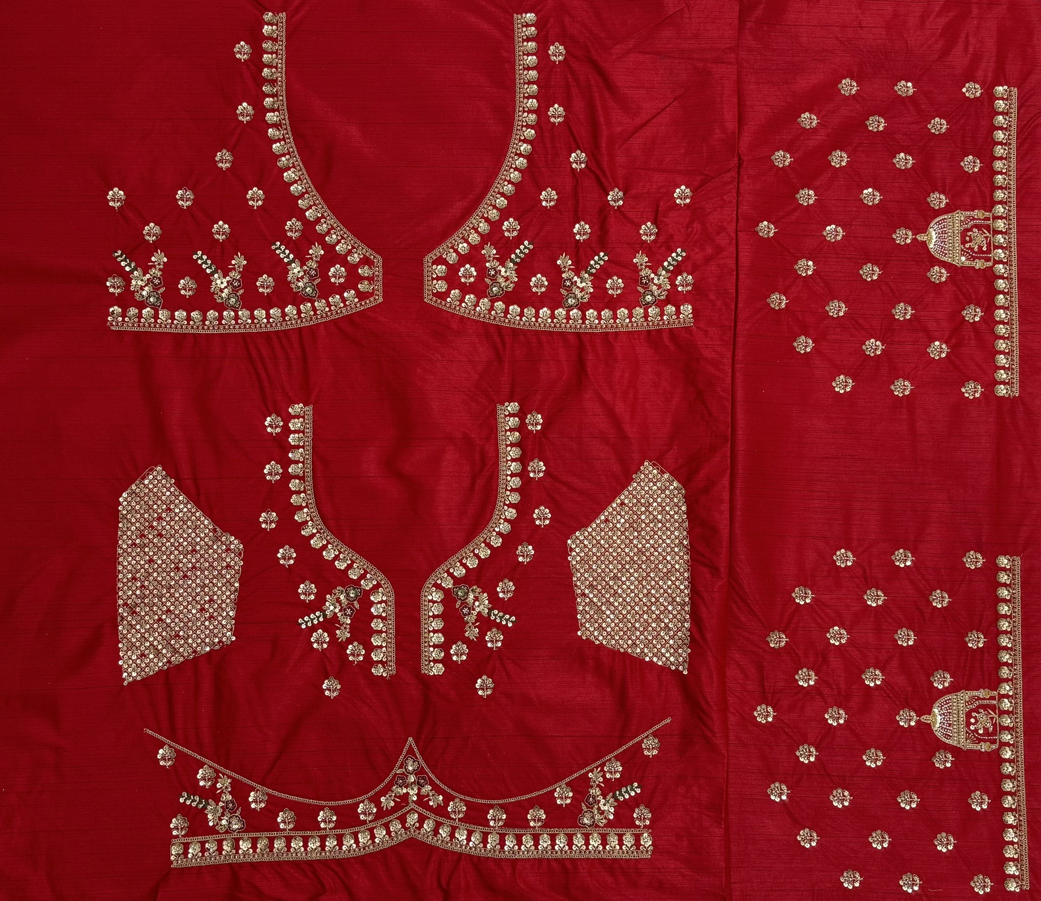 Red Pure Gadhwal Silk Khatali Handwork Sequins &amp; Crystal Bridal Lehenga Choli