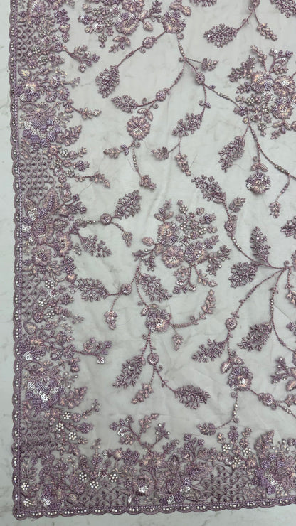 Lavender Pure Premium Net Handwork Kasti &amp; Motif Zari Metallic Sequins Work Wedding Saree