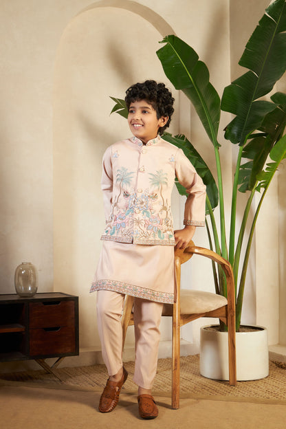 Chiku Pure Viscose Silk Silk Kids Boy Kurta Pajama With Koti Jacket 