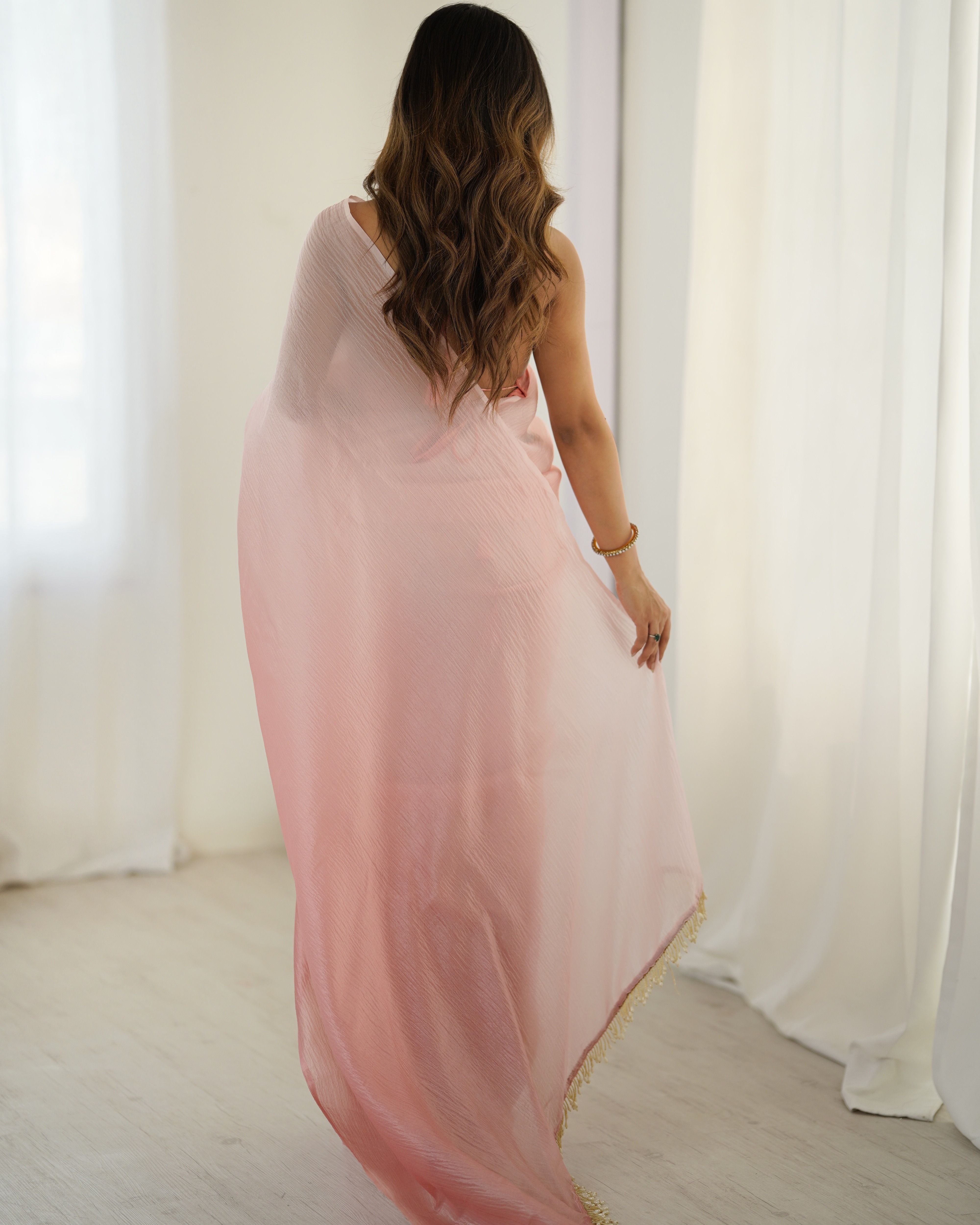 Pink shaded Pure Soft Candy Crush Silk Ready to Wear Saree ##color## Ready to Wear Saree with premium fabric and embroidery