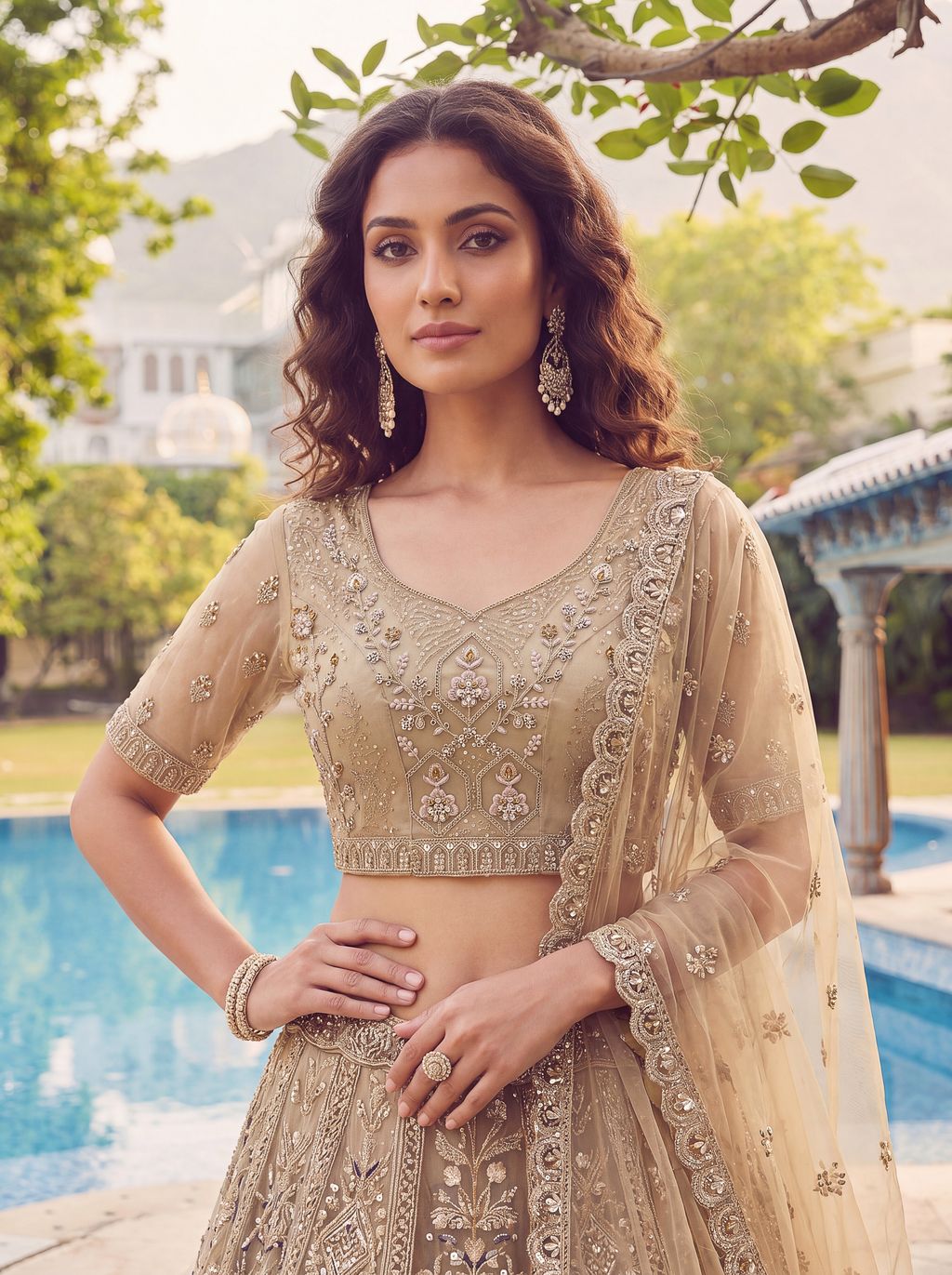 Golden Pure Soft Heavy Net Fancy Embroidery Work Bridal Lehenga Choli