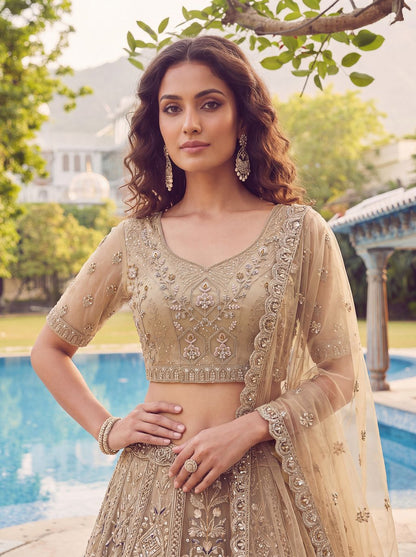 Golden Pure Soft Heavy Net Fancy Embroidery Work Bridal Lehenga Choli