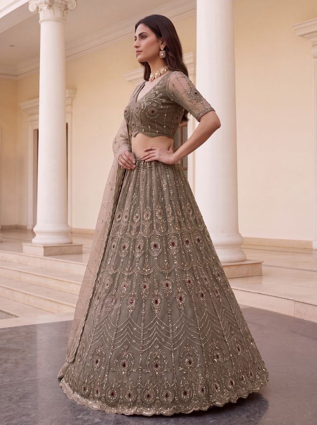 Beige Coppe Pure  Fendi Tussaud Silk Crystal Beads work Multi Thread Dori and Sequins Work Sequins Work Bridal Lehenga Choli