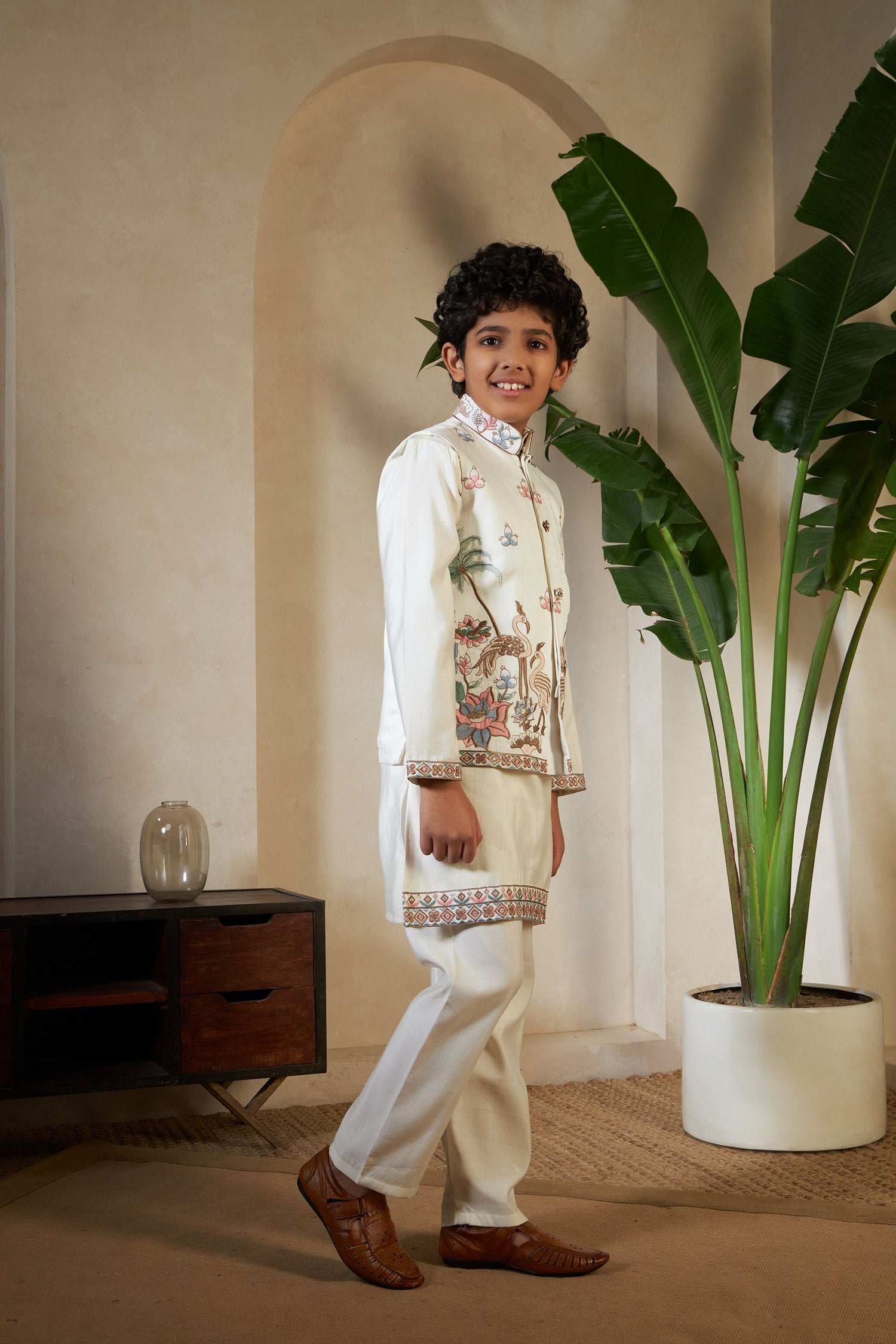 White Pure Viscose Silk Silk Kids Boy Kurta Pajama With Koti Jacket 