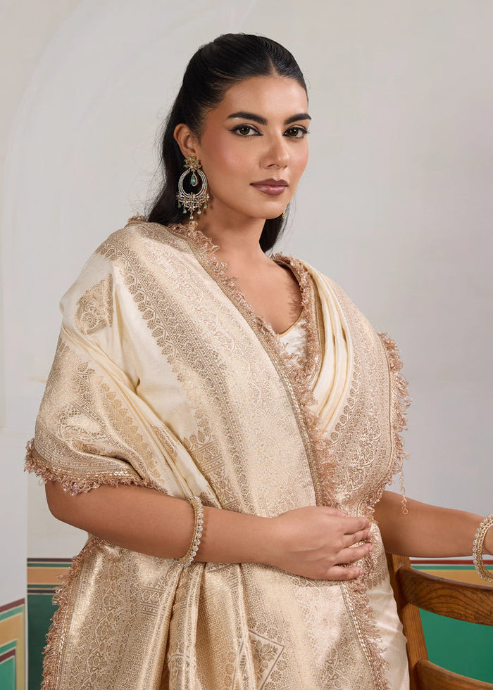Floral White Woven Banarasi Satin Silk Saree Japan Satin Saree Anant Tex Exports Pvt.Ltd..