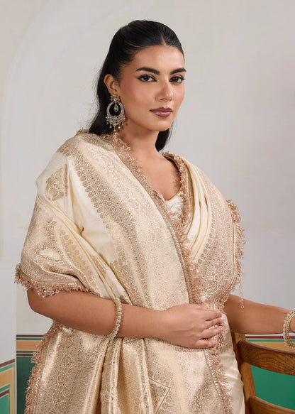 Floral White Woven Banarasi Satin Silk Saree Japan Satin Saree Anant Tex Exports Pvt.Ltd..