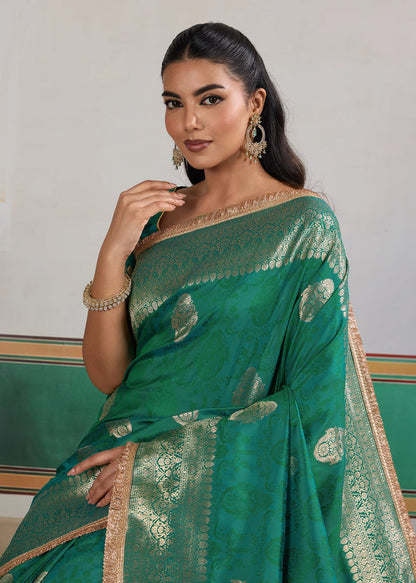 Hunter Green Woven Banarasi Satin Silk Saree Japan Satin Saree Anant Tex Exports Pvt.Ltd..