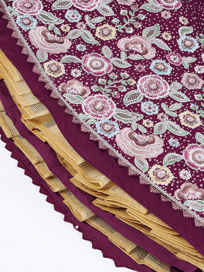 Burgundy Chiffon Sequins Thread Embroidery Lehenga Choli &amp; Dupatta