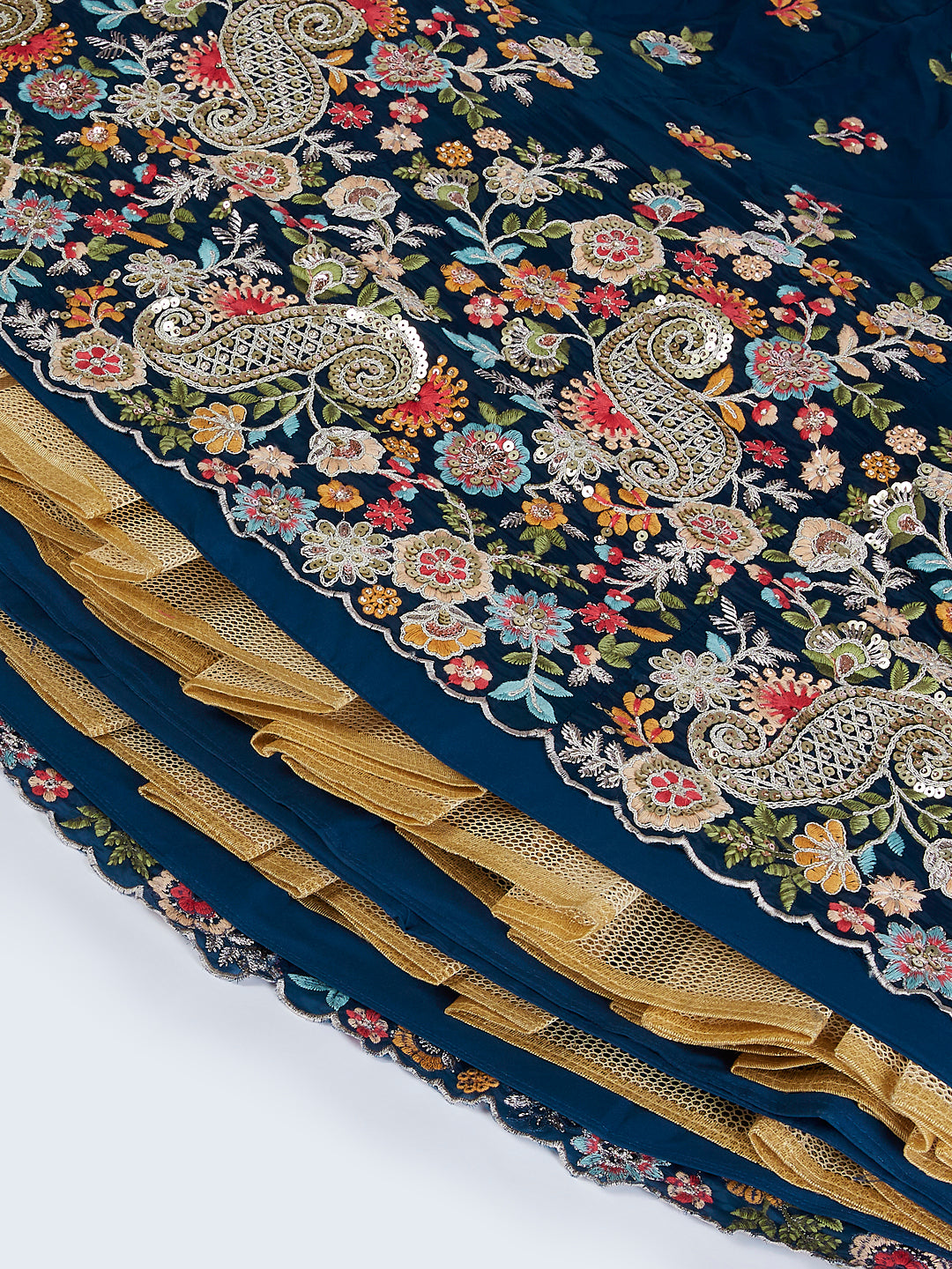 Navy Blue Organza Sequins Thread Embroidery Lehenga Choli &amp; Dupatta