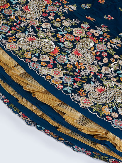 Navy Blue Organza Sequins Thread Embroidery Lehenga Choli &amp; Dupatta
