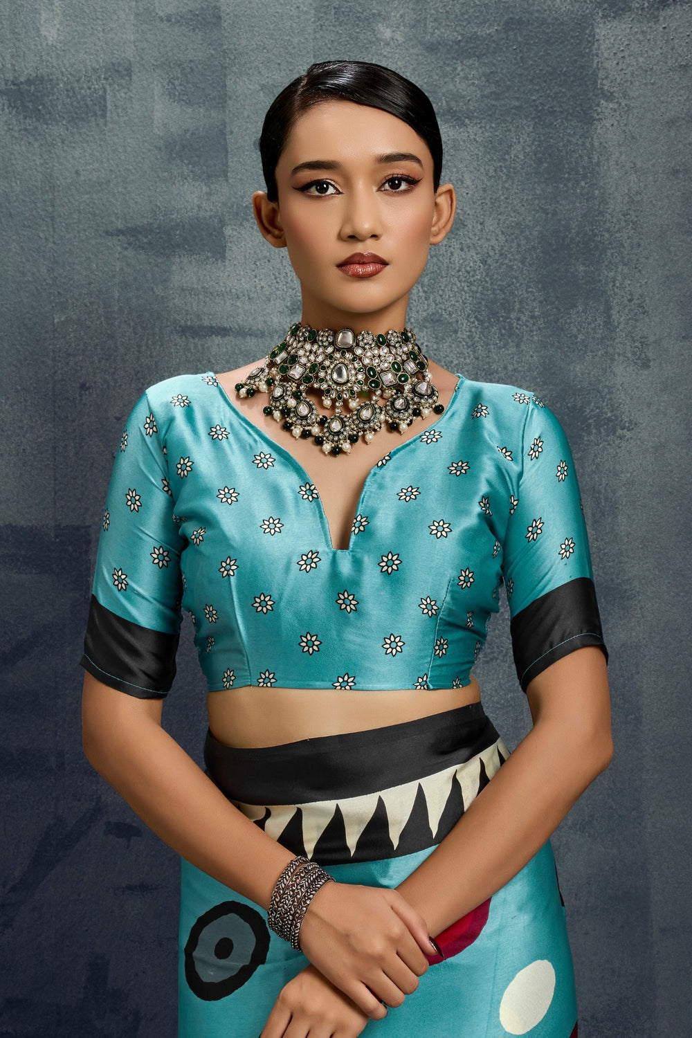 Blue Ajrakh Printed Satin Crepe Silk Saree ##color## Japan Satin Saree with premium fabric and embroidery