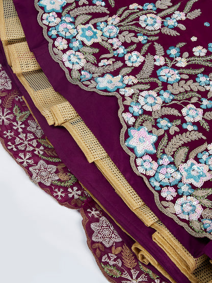 Burgundy Georgette Sequins and Thread Embroidery Lehenga Choli &amp; Dupatta