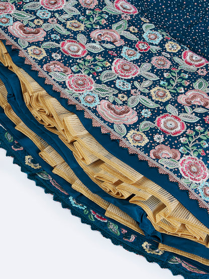 Navy Blue Chiffon Sequins Thread Embroidery Lehenga Choli &amp; Dupatta