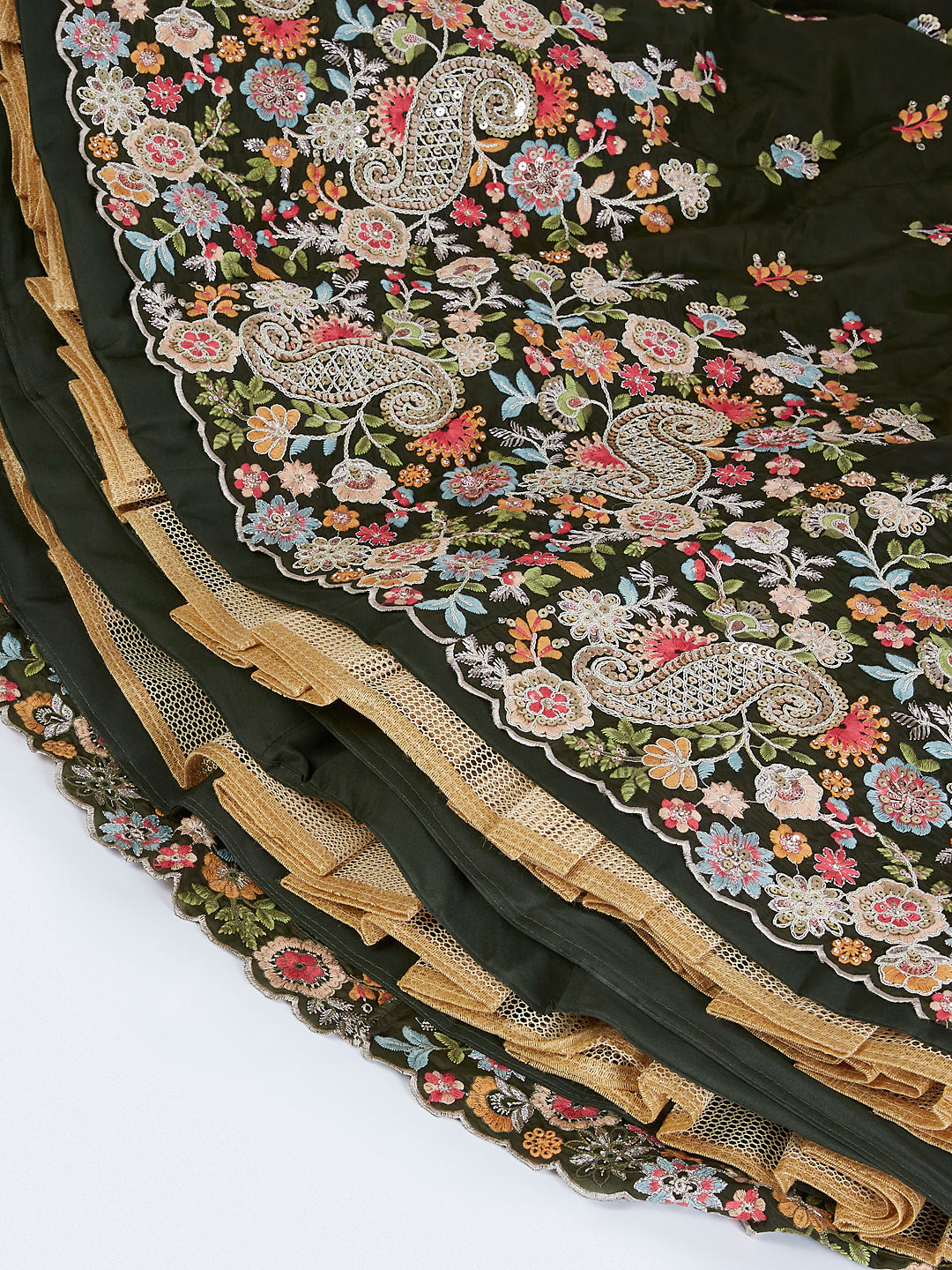Olive Organza Sequins Thread Embroidery Lehenga Choli &amp; Dupatta