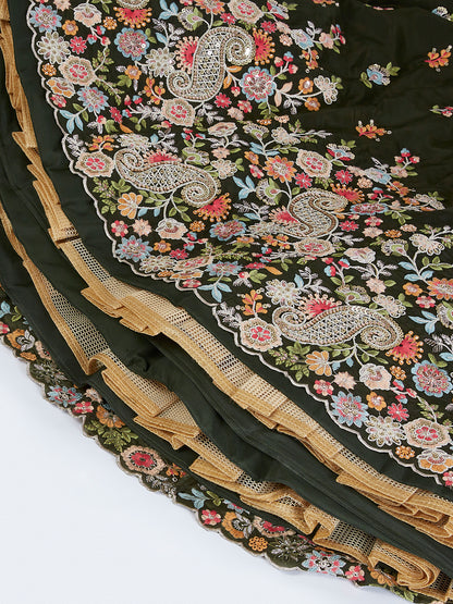 Olive Organza Sequins Thread Embroidery Lehenga Choli &amp; Dupatta