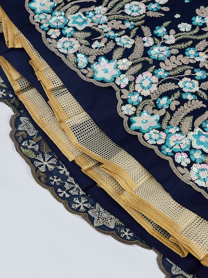 Navy Blue Georgette Sequins &amp; Thread Embroidery Lehenga Choli &amp; Dupatta