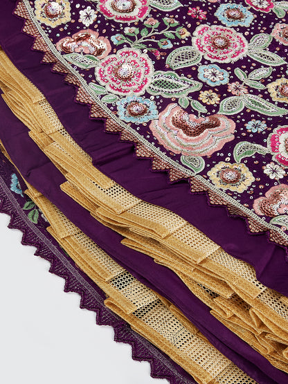 Purple Pure Chiffon Sequins Thread Embroidery Lehenga Choli &amp; Dupatta