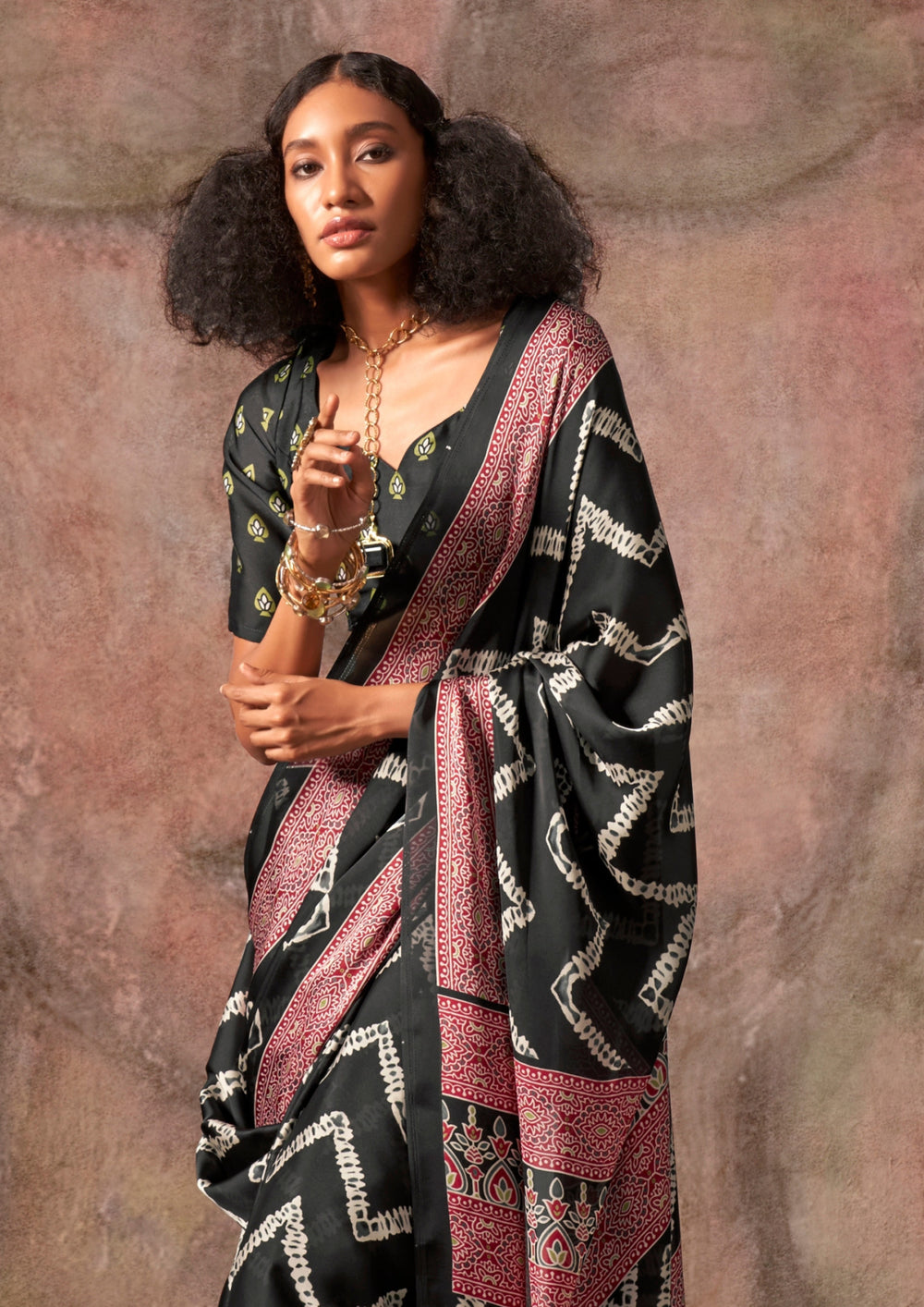 Black Raisins Ajrakh Printed Satin Georgette Silk Saree 